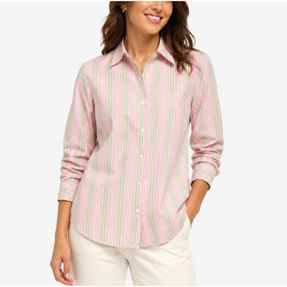 Foxcroft Women’s Wrinkle Free Pink Green Striped Long Sleeve Cotton Shirt 14W